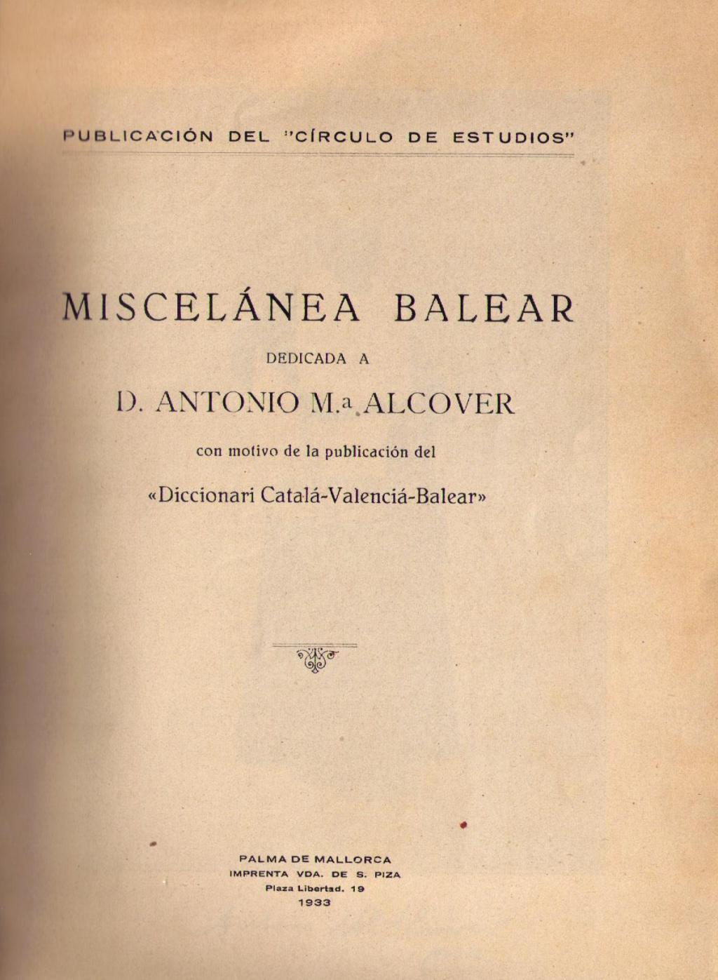 Coberta de Miscelánea Balear dedicada a D. Antonio M.ª Alcover